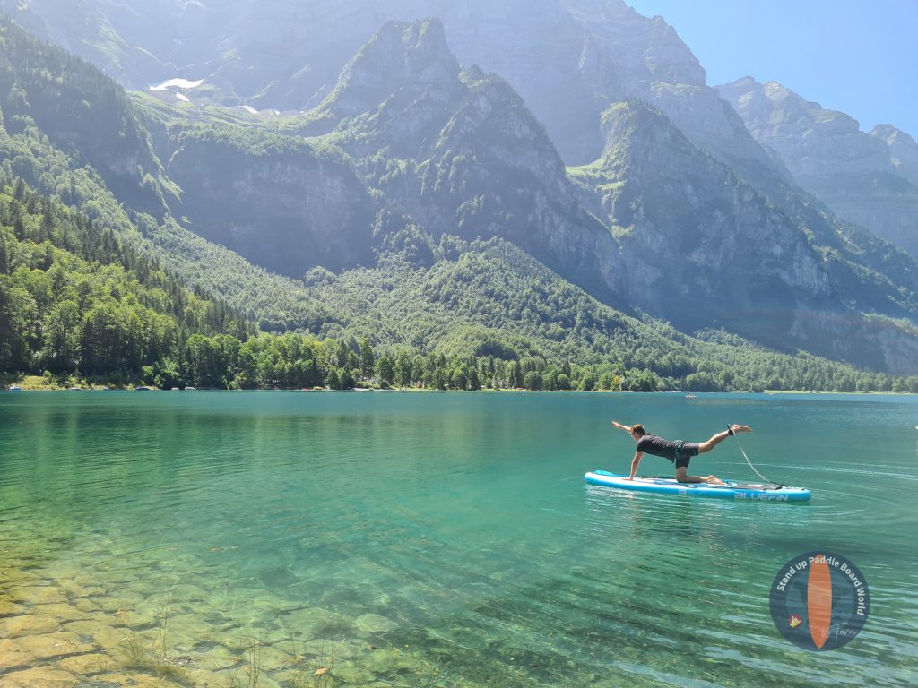 Yoga on Bluefin Aura Fit paddleboard