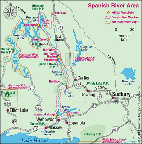Обзор карты путешествия на каноэ по реке Спэниш с указанием маршрута от озера Бискотасинг и озера Дьюк до озера Агнью.