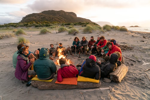 Группа сидит на песке вокруг костра.  На заднем плане песчаная дюна, и солнце садится.